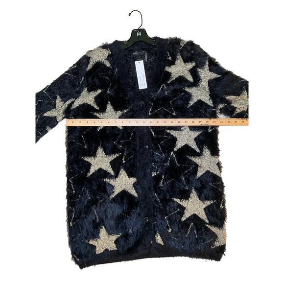 Stella + Lorenzo Jacquard Cardigan Sweater Women's L Black Long Sleeve Faux Fur - Picture 5 of 7